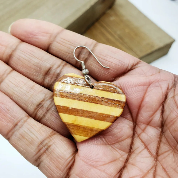 Heart Earrings in Polished Wood - Picture 2 of 2